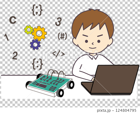 A boy programs a robot car 124804795