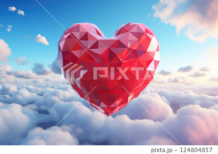 A red heart balloon floats in the blue sky in clouds. .Generative Ai A red heart balloon floats in the blue sky in clouds. .Generative Ai 124804857