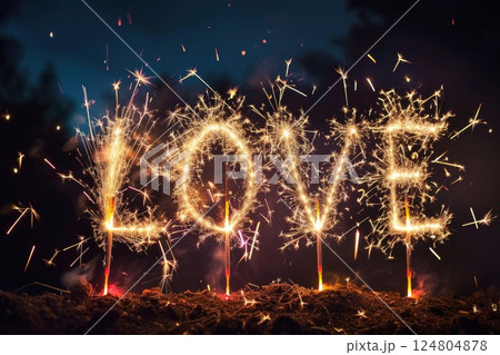 happy valentine day with LOVE popping colorful fireworks in the dark sky .AI generative 124804878