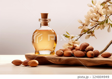 Argan essential oil on a wooden background. Generative AI, 124804949