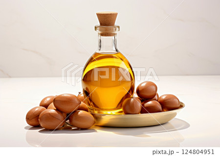 Argan essential oil on a wooden background. Generative AI, 124804951