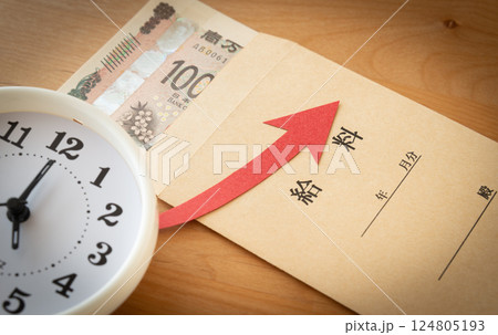 給料袋と時計と上昇矢印　賃金 124805193