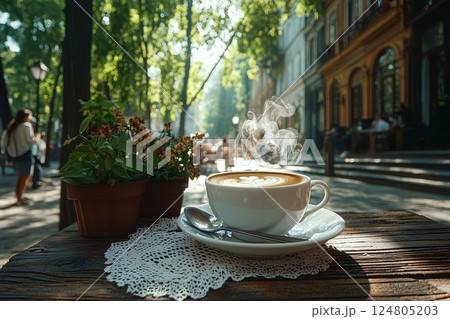 A quaint outdoor cafe located in the bustling streets of Tbilisi, offering a perfect blend of traditional Georgian charm, aromatic coffee, and the lively atmosphere of the city 124805203