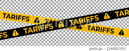 Tariff Warning Tape Set in Yellow and Black with Exclamation Icons. Transparent Background for Economic Crisis, Import Tax, and Trade Restriction Themes. Vector Illustration 124805241