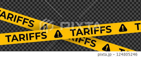 Tariff Alert Tape with Exclamation Icons on Transparent Background. Economic Trade Warning Ribbon for Customs, Import Restrictions, and Business Conflict. Vector Illustration Tariff Alert Tape with Exclamation Icons on Transparent Background. Economic Trade Warning Ribbon for Customs, Import Restrictions, and Business Conflict. Vector Illustration 124805246