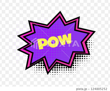 Pow Comic Sound Effect In Bright Purple Burst With Yellow Bold Text And Halftone Style. Fun Pop Art Expression For Comic Design And Loud Action Scenes. Vector Illustration Pow Comic Sound Effect In Bright Purple Burst With Yellow Bold Text And Halftone Style. Fun Pop Art Expression For Comic Design And Loud Action Scenes. Vector Illustration 124805252