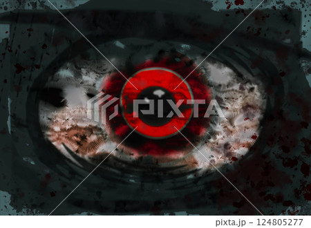 黒い背景に残酷残虐性ショックを受け、感情を失ってしまった血走った絶望の眼差し。 124805277