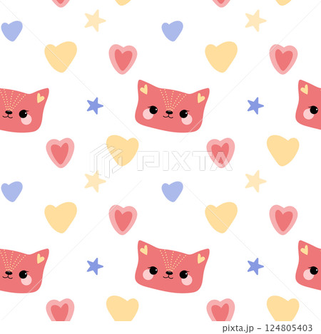 Cute pattern with cat, hearts and star. Kawaii style Cute pattern with cat, hearts and star. Kawaii style 124805403