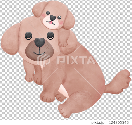 Father's Day Dog Dad and Baby A puppy rides on its father's back in watercolor style illustration 124805546