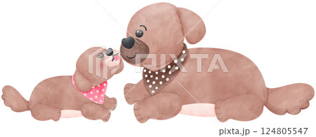 Father's Day Dog Dad and Baby Wear a scarf in watercolor style illustration 124805547