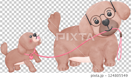 Father's Day Dog Dad and Baby Father leads puppy in watercolor style illustration 124805549