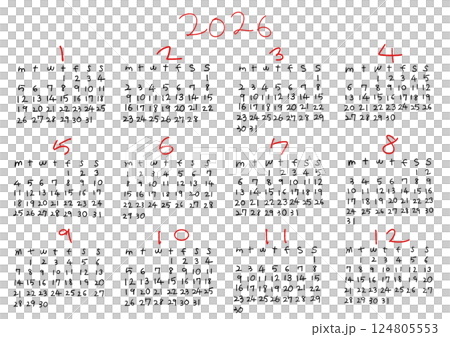 2026 年簡易日曆週一開始 2026 年簡易日曆週一開始 124805553
