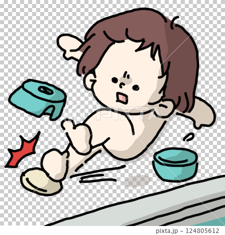 A colored illustration of a child slipping on soap in the bath 124805612