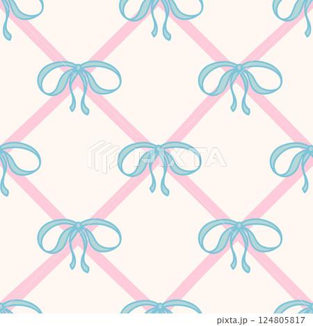 Cute Coquette seamless pattern Blue Ribbon Bow. Pretty Girly bows on white background with Pink ribbons. Trendy feminine romantic template for greeting cards, textile, fabric, wallpaper, wrapping 124805817