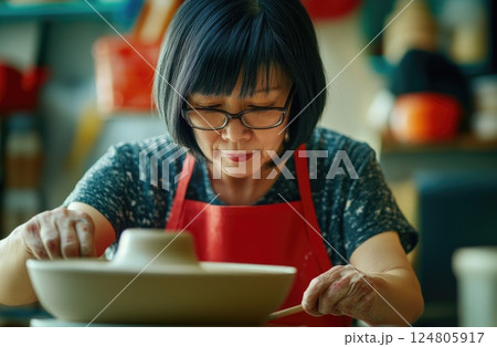 woman make ceramics by hand in a studio. 124805917