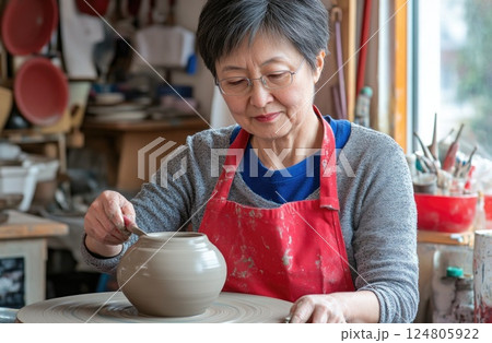 woman make ceramics by hand in a studio. 124805922