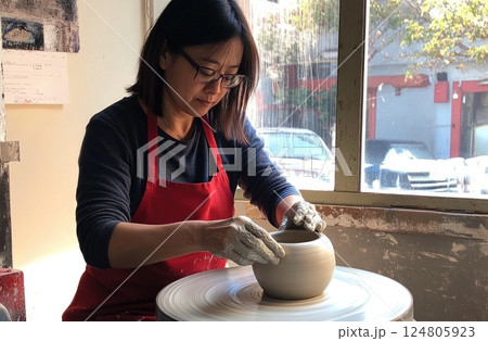 woman make ceramics by hand in a studio. woman make ceramics by hand in a studio. 124805923