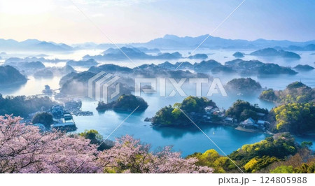 The view of the cherry blossoms in full bloom. The view of the cherry blossoms in full bloom. 124805988