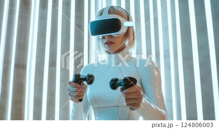 Cinematic shot of a blonde woman wearing a white turtleneck and a futuristic VR headset. 124806003