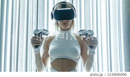 Cinematic shot of a blonde woman wearing a white turtleneck and a futuristic VR headset. 124806006