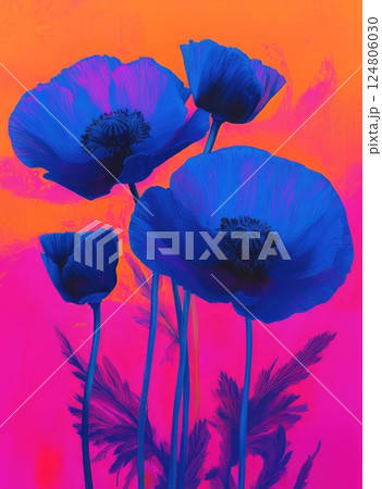 Blue poppies close up with an orange and pink background. 124806030