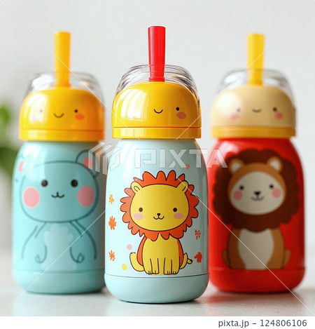 Cute animal-themed children's sippy cups with colorful lids for playful mealtime fun Cute animal-themed children's sippy cups with colorful lids for playful mealtime fun 124806106