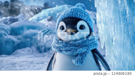 Penguin wearing an oversized scarf and hat stands in front of blue icebergs. Penguin wearing an oversized scarf and hat stands in front of blue icebergs. 124806180