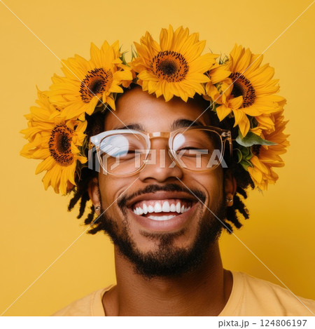 woman wearing large sunflower shaped glasses smiling 124806197
