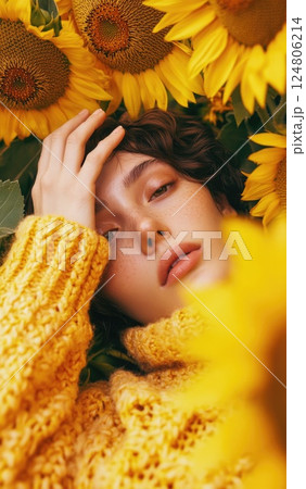 A close up of a person wearing a yellow sweater with their hand on their face. 124806214