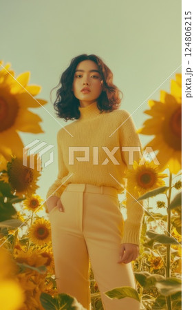 A close up of a person wearing a yellow sweater with their hand on their face. 124806215