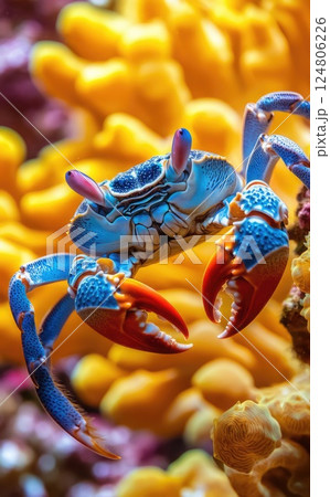 A blue crab with orange claws underwater photography vibrant colors. 124806226