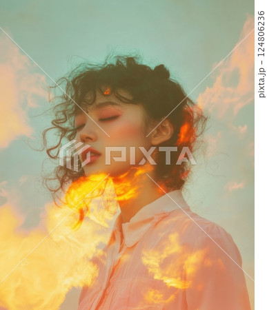 Ethereal cloudscapes woman surreal fashion photography. 124806236