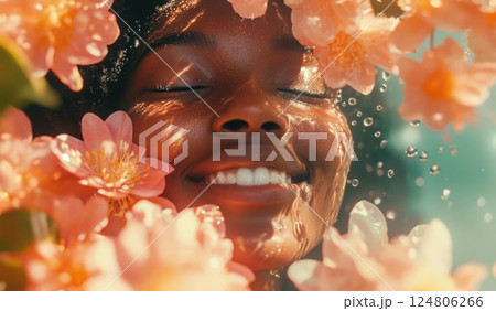 Girl with closed eyes smiling and floating in water surrounded by flowers. 124806266