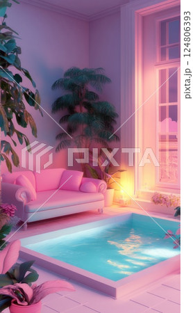 Small outdoor swimming pool in the corner of an open air living room. 124806393