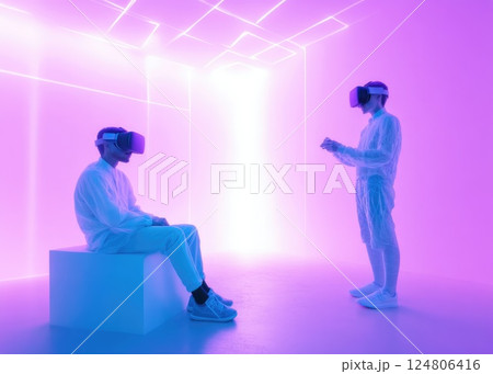 Virtual reality scene of two people wear VR interacting with holographic projections. 124806416