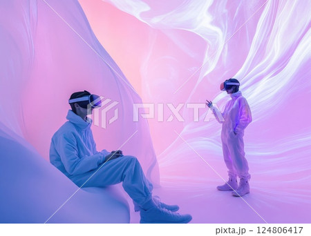 Virtual reality scene of two people wear VR interacting with holographic projections. 124806417