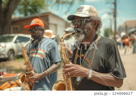 A backyard Juneteenth celebration featuring a live jazz band, with guests enjoying the music, dancing, and a spread of soul food, creating a warm atmosphere of community and remembrance. 124806627
