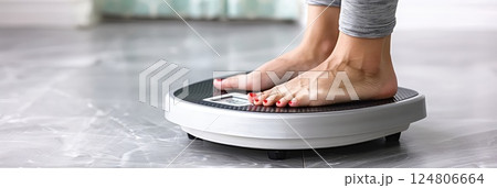 Female feet on the digital weight scales. The courage to confront reality and make positive changes. A moment of bravery: female feet on the scales, ready to face the truth and grow. 124806664