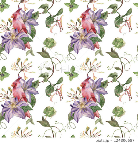 Seamless pattern with red cardinal bird, purple clematis, roses, honeysuckle. The watercolor illustration is hand-drawn in a botanical style. For wallpaper design, textiles, fabrics, packaging, cards 124806687