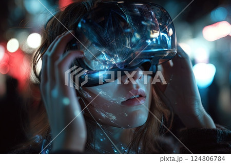 The future is already here. Young woman wearing augmented reality glasses. A young woman dons augmented reality glasses, merging her reality with digital elements effortlessly. 124806784