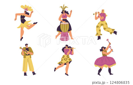 Brazilian Festival with People Dancing and Playing Musical Instrument Vector Set 124806835
