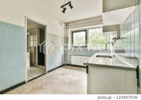 A simple and spacious kitchen featuring light blue walls, large windows, and functional cabinetry, creating a clean and bright cooking space. 124807036