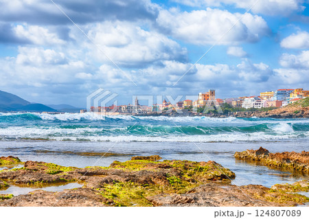Astonishing spring cityscape of Alghero town at morning. 124807089