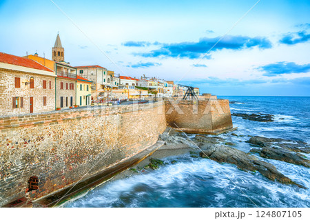 Astonishing evening cityscape of historical part of Alghero town. 124807105