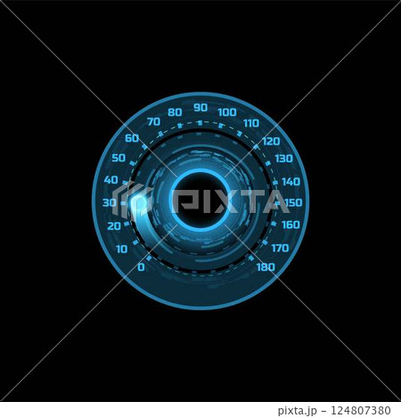 Vector speedometer dashboard with dial, blue, neon, glowing color. 124807380