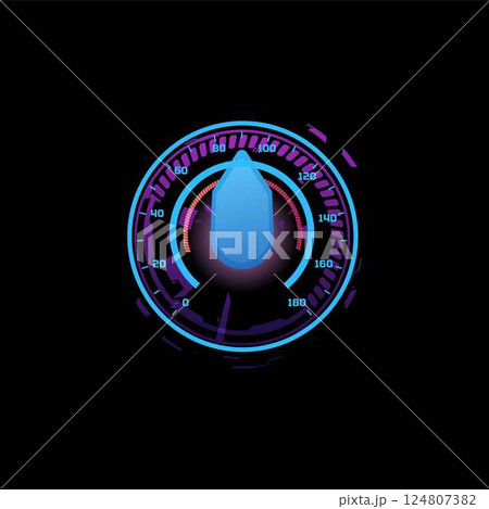 Car speedometer, digital neon gauge with big arrow, vector speed accelerate measurement indicator, progress bar display Car speedometer, digital neon gauge with big arrow, vector speed accelerate measurement indicator, progress bar display 124807382