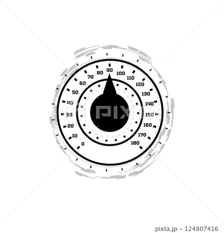 Black and white icon of car dashboard speedometer or tachometer, vector illustration. 124807416