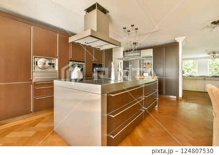 A contemporary kitchen featuring stainless steel appliances, hardwood flooring, and stylish cabinetry that combines functionality with an elegant aesthetic. 124807530