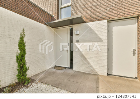 A stylish and modern entrance showcases a clean facade with a minimalist design, featuring plants and geometric lines that invite and intrigue. A stylish and modern entrance showcases a clean facade with a minimalist design, featuring plants and geometric lines that invite and intrigue. 124807543
