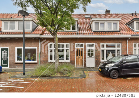 An inviting urban house showcases a blend of architectural styles with a well-maintained exterior, colorful foliage, and a parked car nearby. 124807583